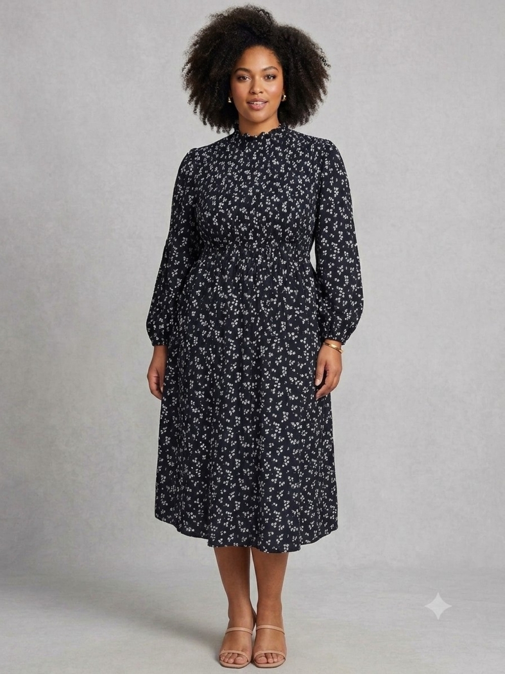 #281 a new day Black Floral Smocked-Waist Midi Dress